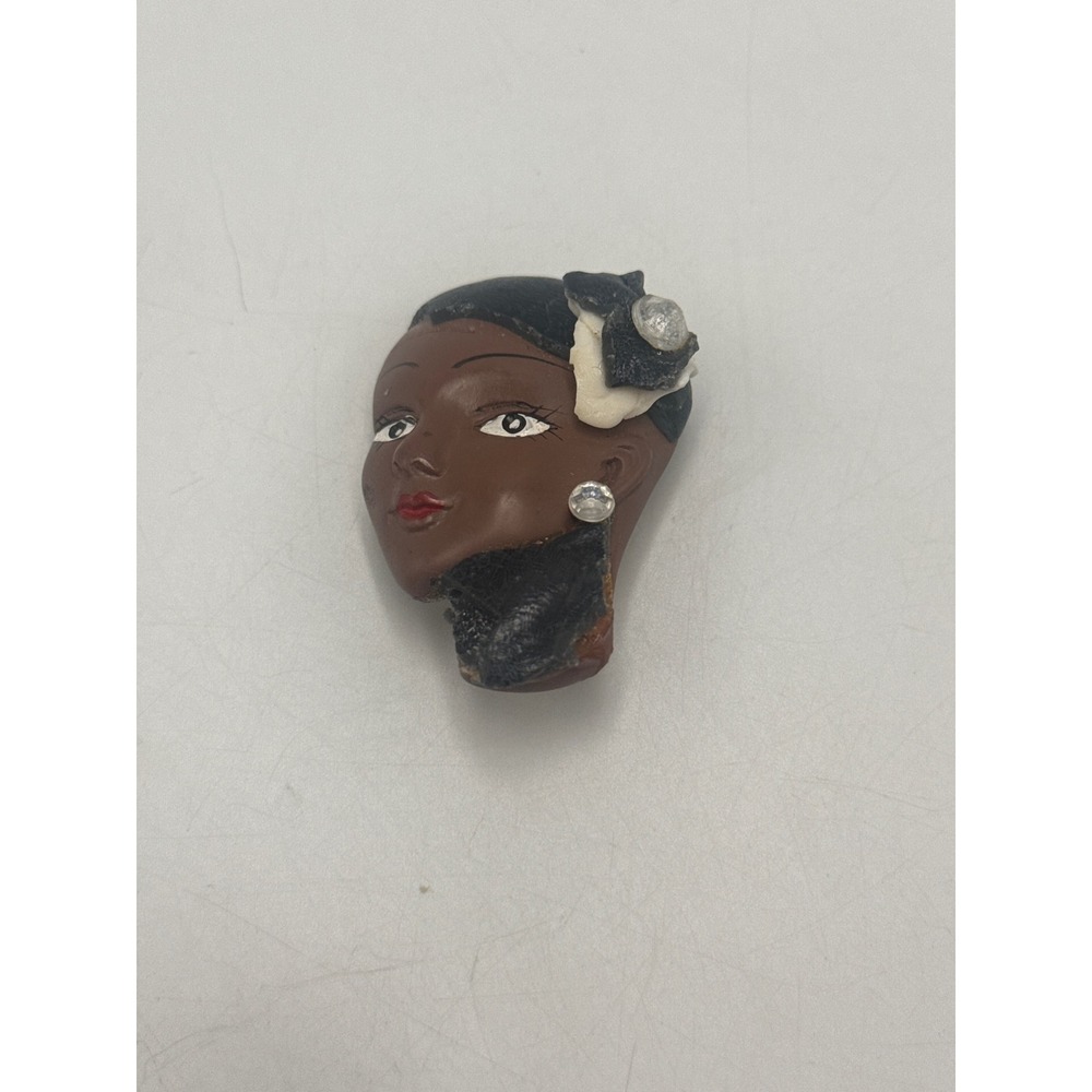 Vintage Black‎ Americana Lady Head Brooch Rhinestone Accent Hand Painted Pin 2"